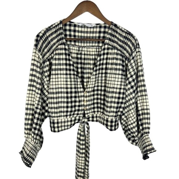 Zara Womens Check Plaid Crop Top Size L Academia Preppy‎ Gauzy Balloon Sleeves - Picture 2 of 11